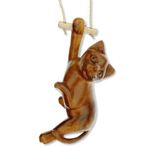 Cat Sculpture - Hand Carved Balines Art Jute Rope - Hang in There Kitten 4.5"